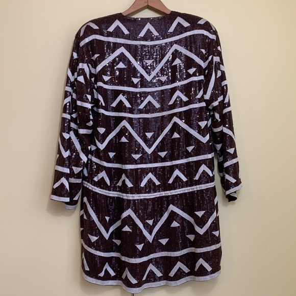 Vintage Fully Sequined Silk Brown White Aztec Design Surplice Tunic Dress XS - Picture 16 of 17